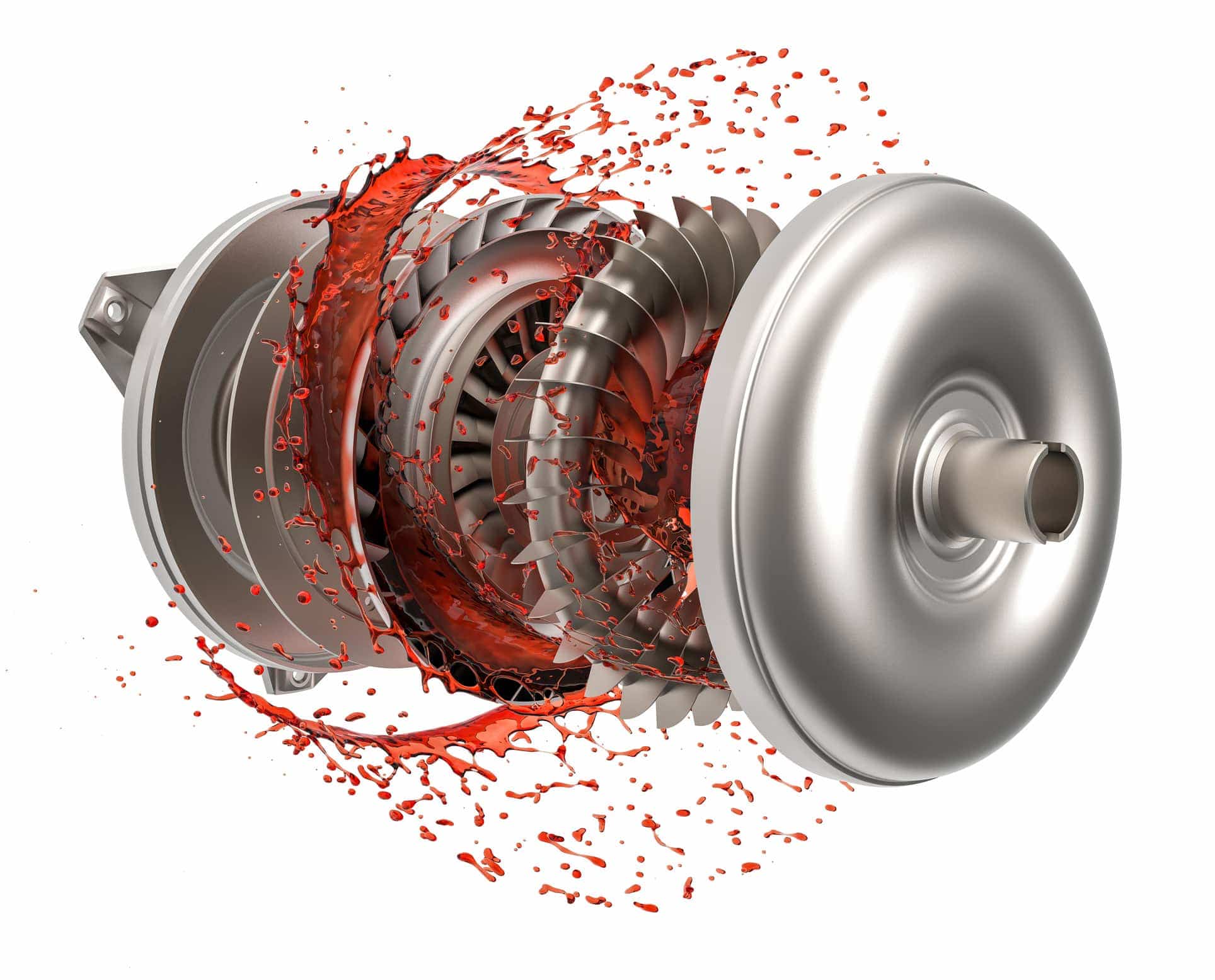 Torque converter cutaway showing the impeller, turbine and stator that multiply torque before lockup
