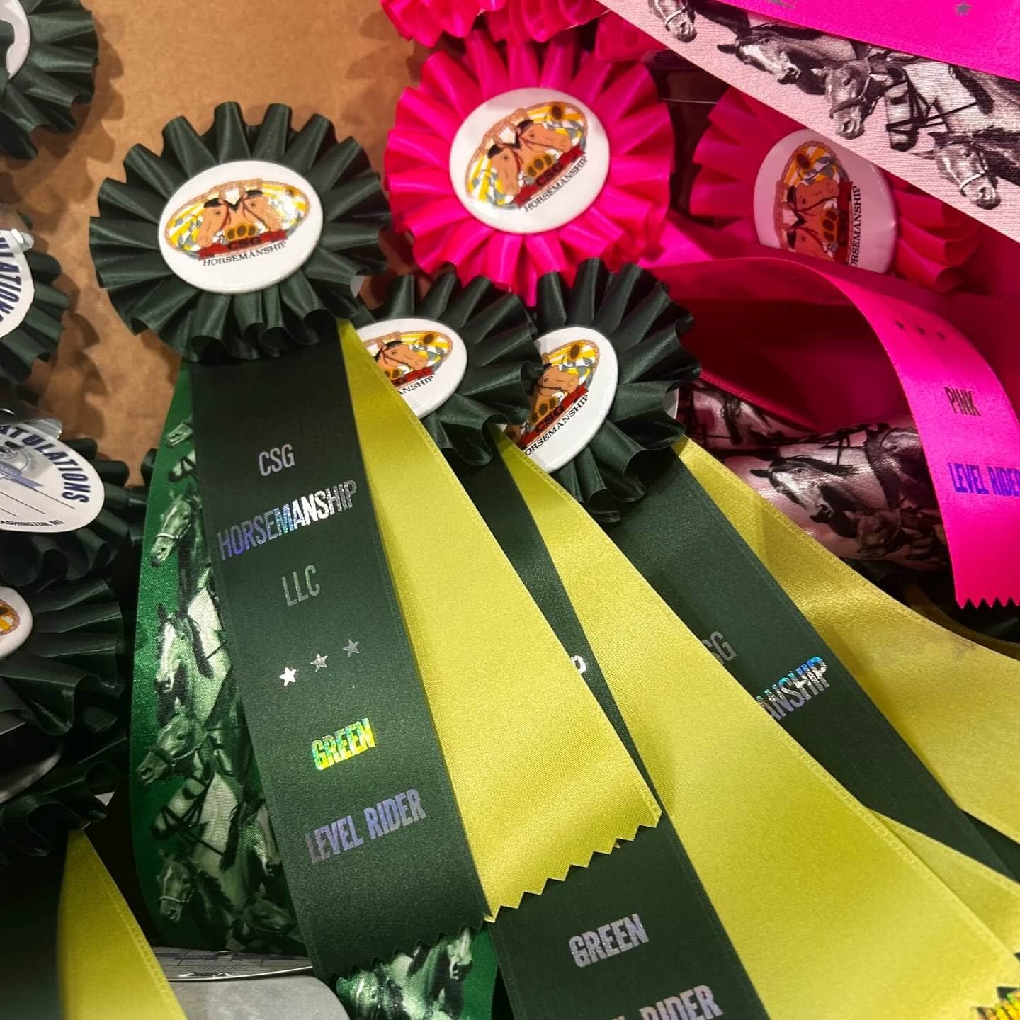 Custom rosette awards in your choice of ribbon color or ribbon design, print color, custom text, and center design