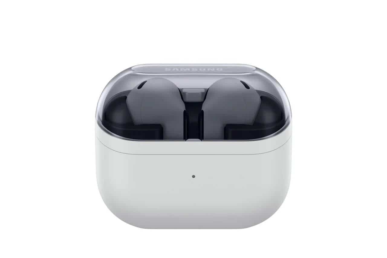 Front view of the light gray Galaxy Buds 3 FE charging case