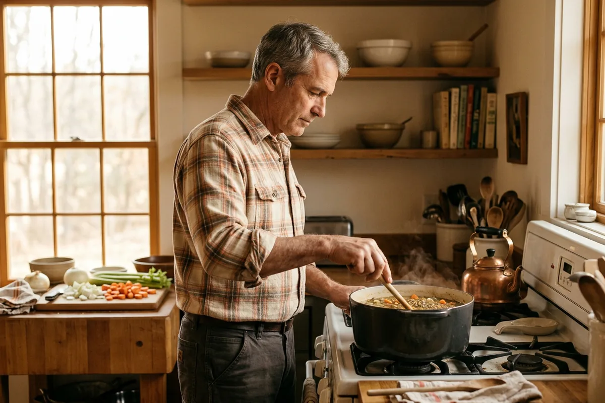 Man in his late fifties cooking a pot of lentil soup with vegetables in his kitchen