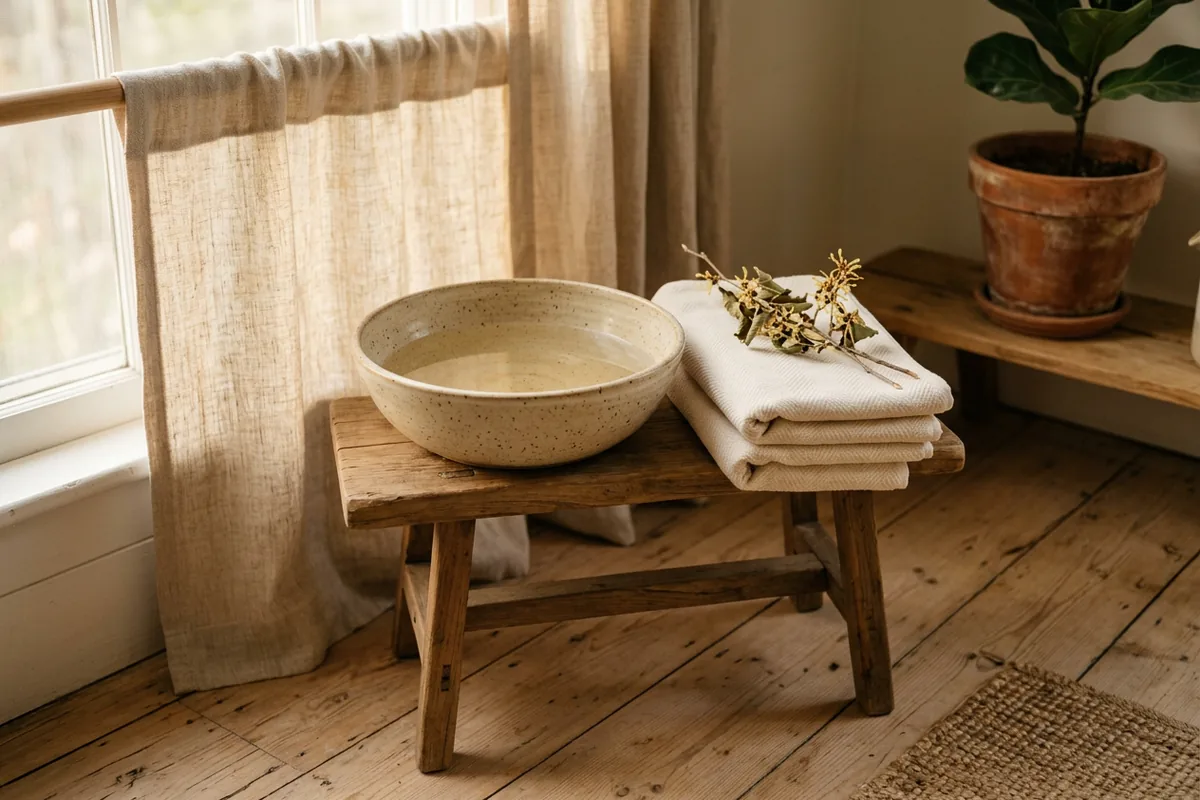 Folded cream towels and a warm ceramic basin of water on a wooden stool, ready for a sitz bath