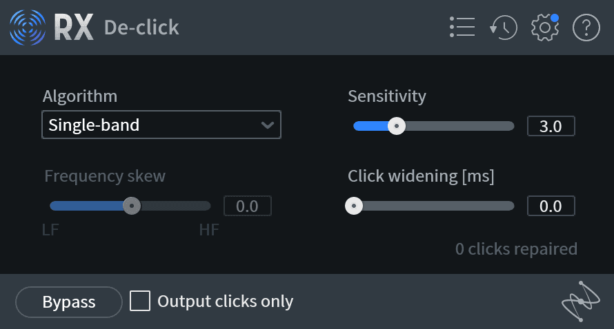 The De-click module is easy to set up for detailed de-clicking: the critical parameter here is Sensitivity.