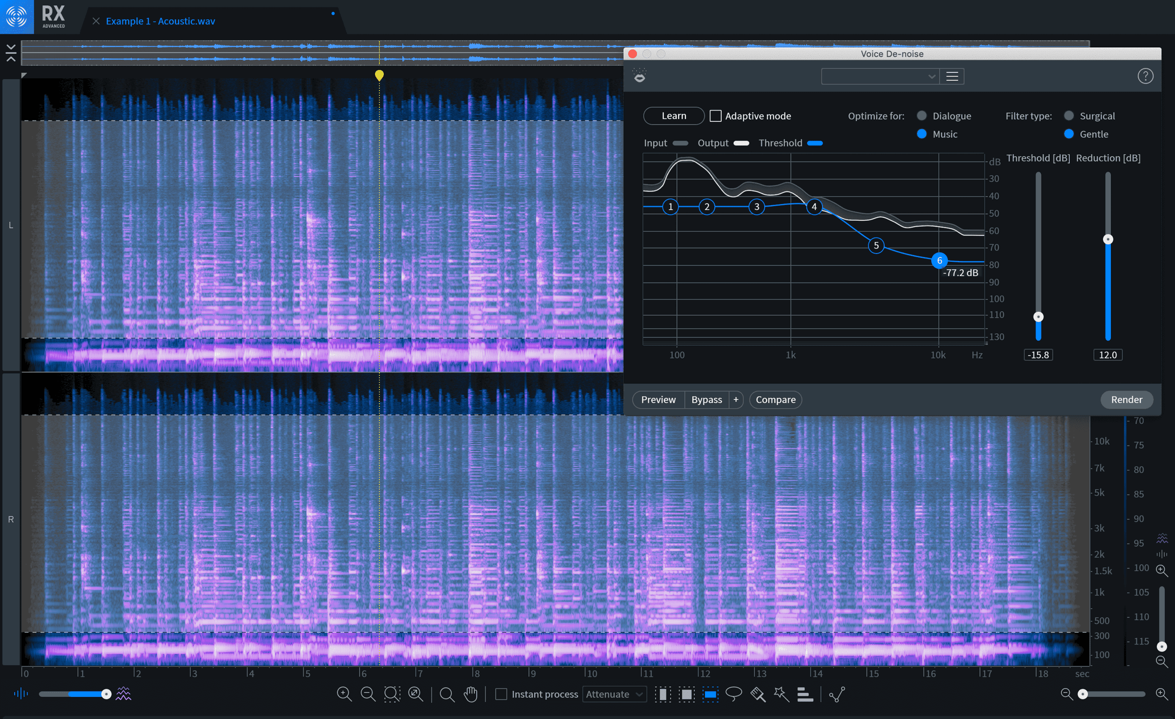 Voice De-noise learned the profile of my recording’s room noise, giving me some initial settings for adding clarity to my take.