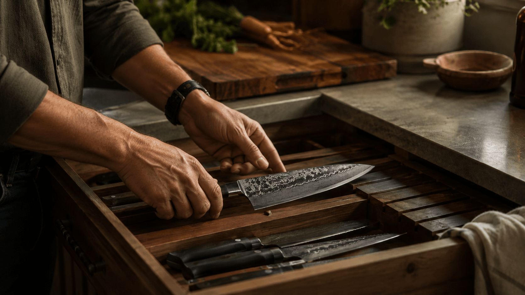Proper Damascus knife storage in an in-drawer knife organizer
