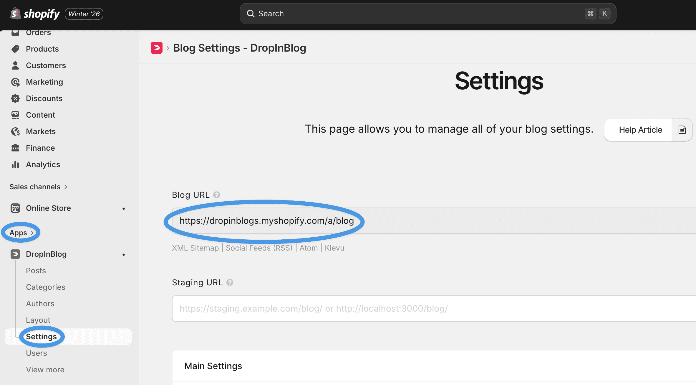 Add your blog link in the Settings tab of the DropInBlog app