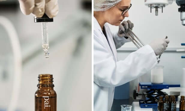 Pai laboratory scientist using precision pipette to formulate skincare boosters in amber glass bottles