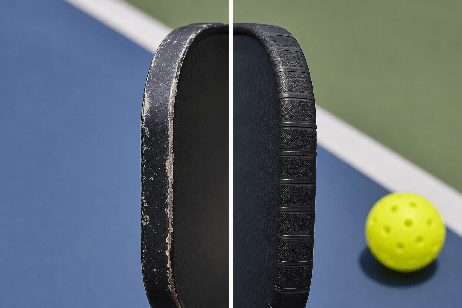 Pickleball edge guard tape close-up — protecting the vulnerable paddle perimeter
