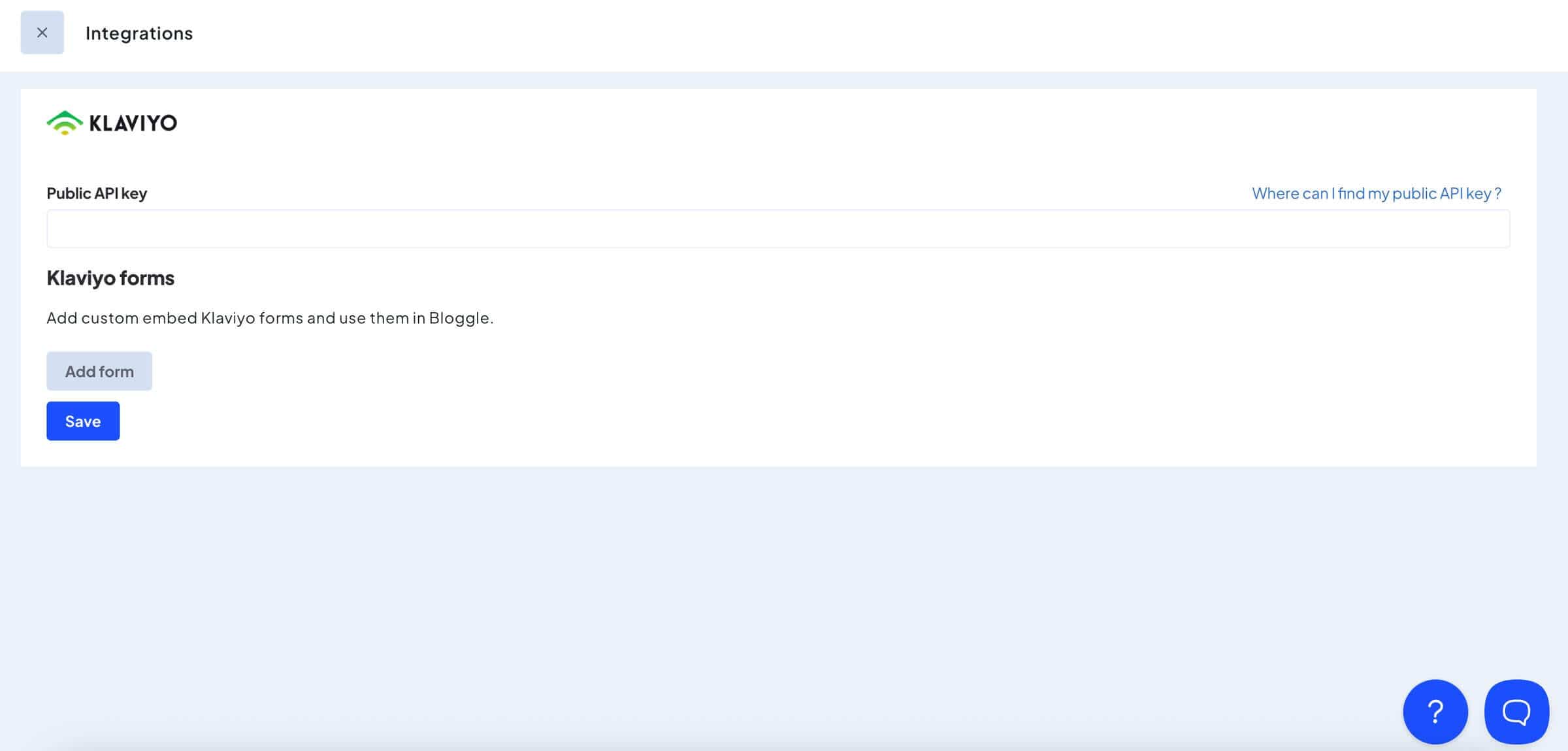 Integrations page in Bloggle
