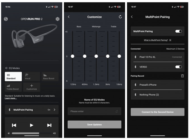 EQ settings and multipoint pairing in app