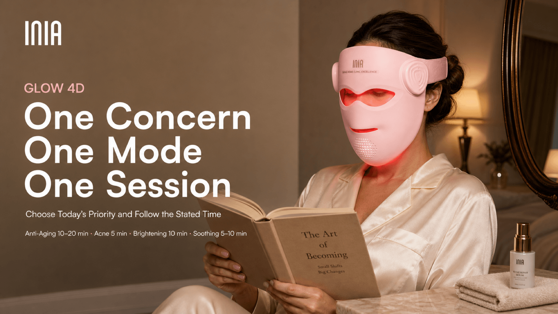 Woman using an INIA GLOW 4D mask with the guidance one concern, one mode, one session