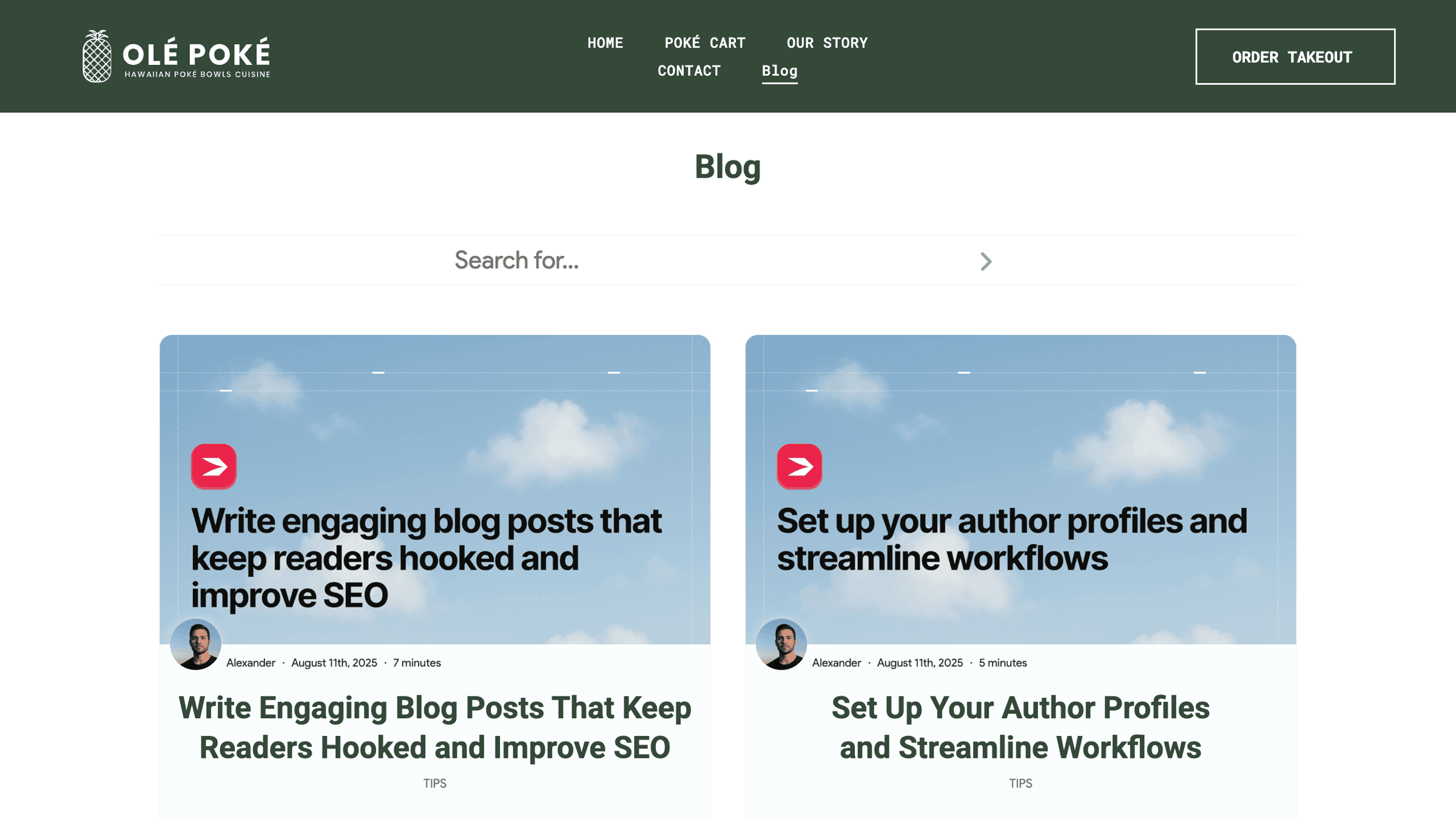 A preview of the new blog page in Duda
