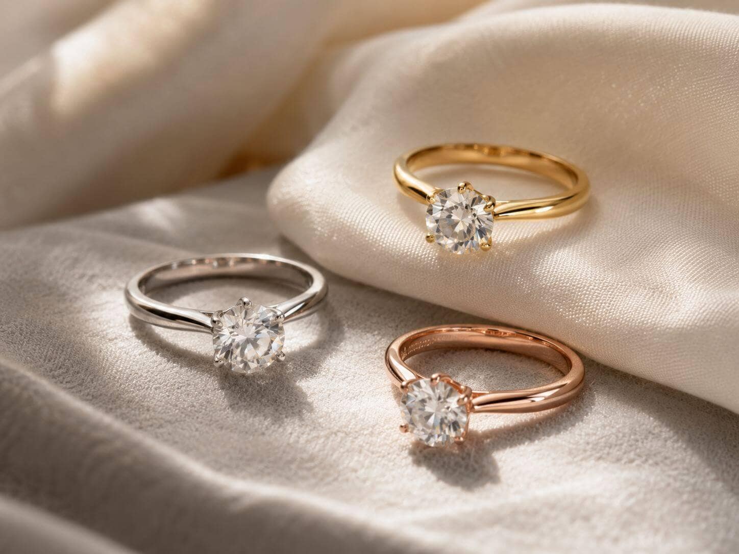 Three diamond rings in white gold yellow gold and rose gold on soft ivory fabric