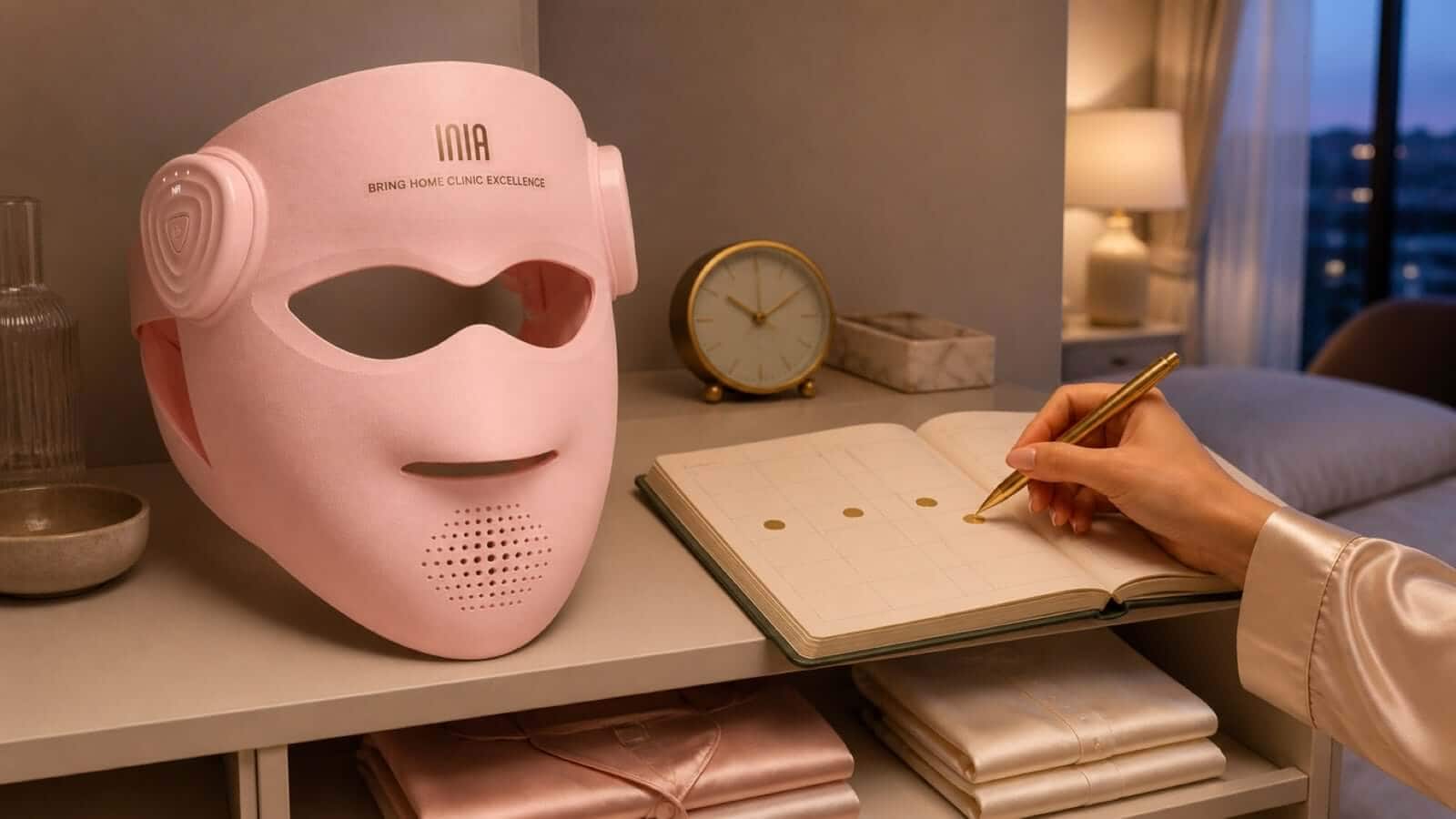 Pink INIA GLOW 4D mask beside a calendar and clock for planning a four-week schedule
