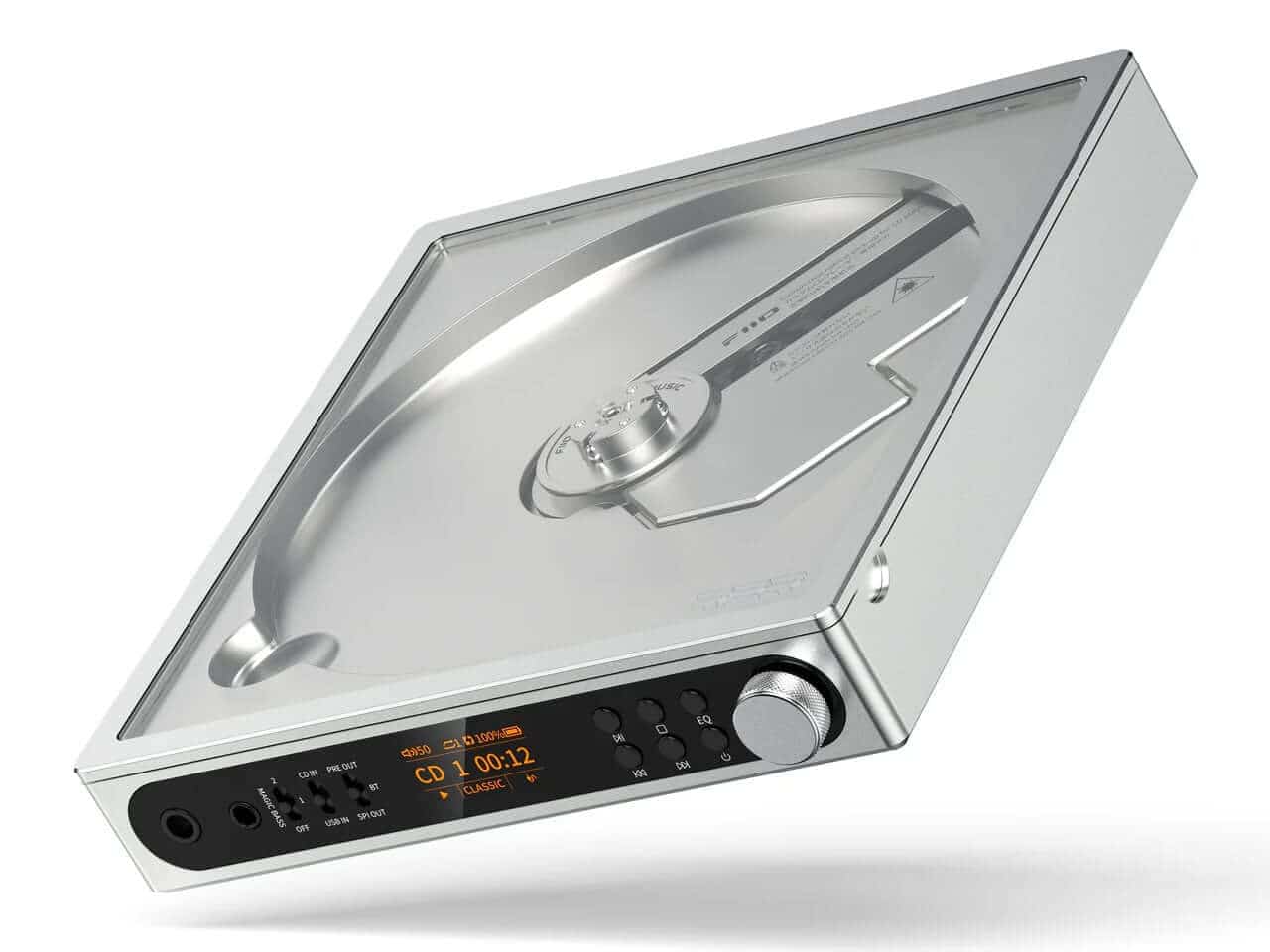 Front panel with playback controls and volume dial