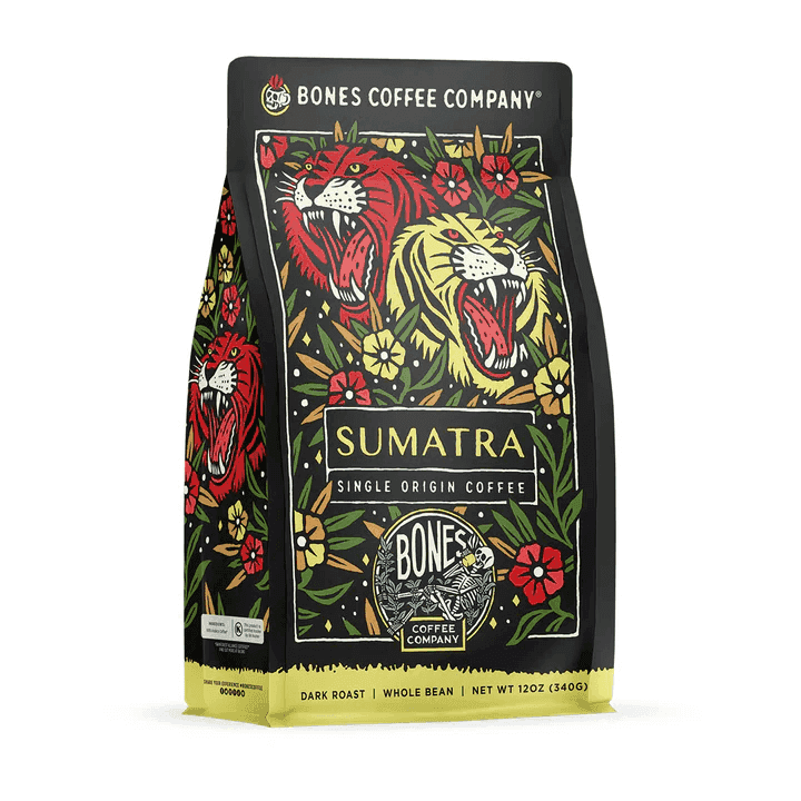 Bones Coffee Company Sumatra single origin coffee bag with colorful tiger and floral design