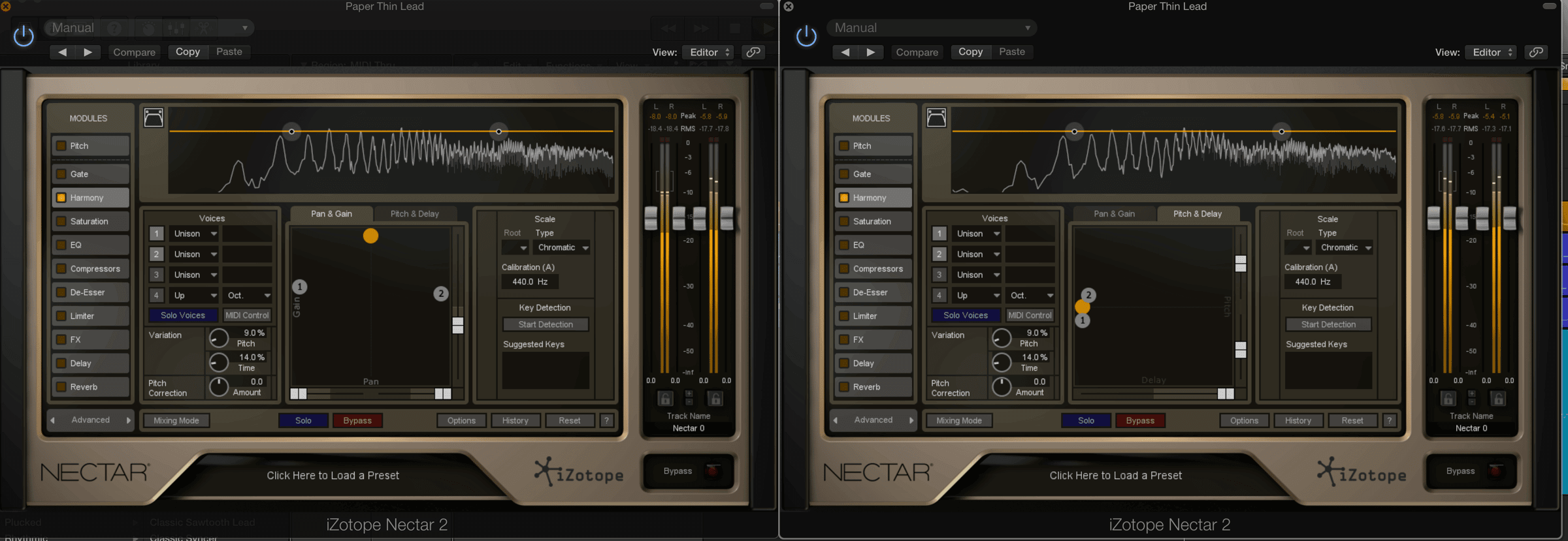 Pictured left, Pan and Gain Window; Pictured Right, Pitch and Delay Window.png