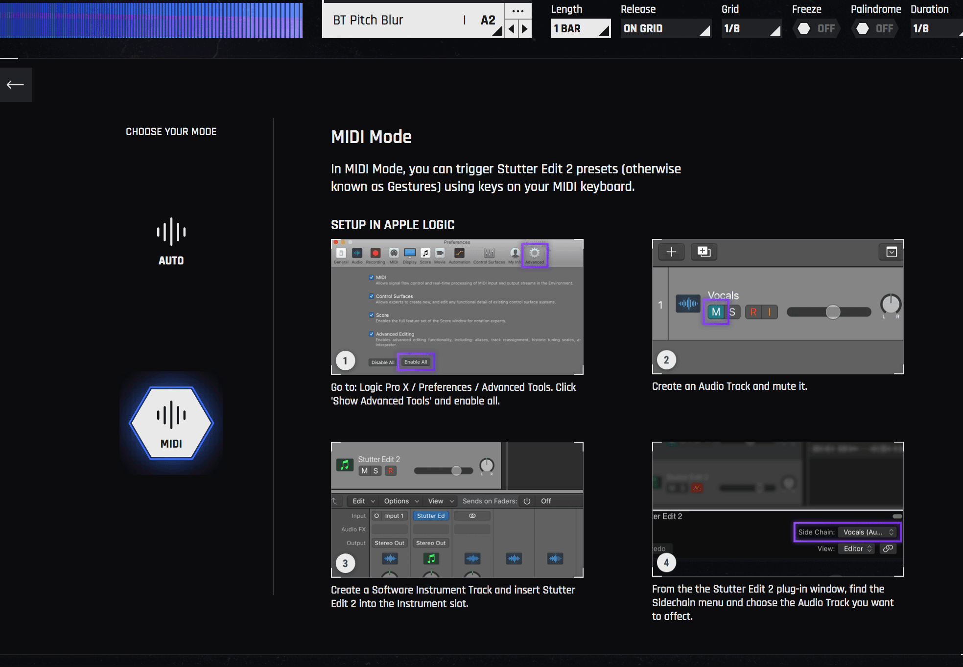 Stutter Edit 2 showing how to set up MIDI Mode in your DAW (Logic Pro X in this case)