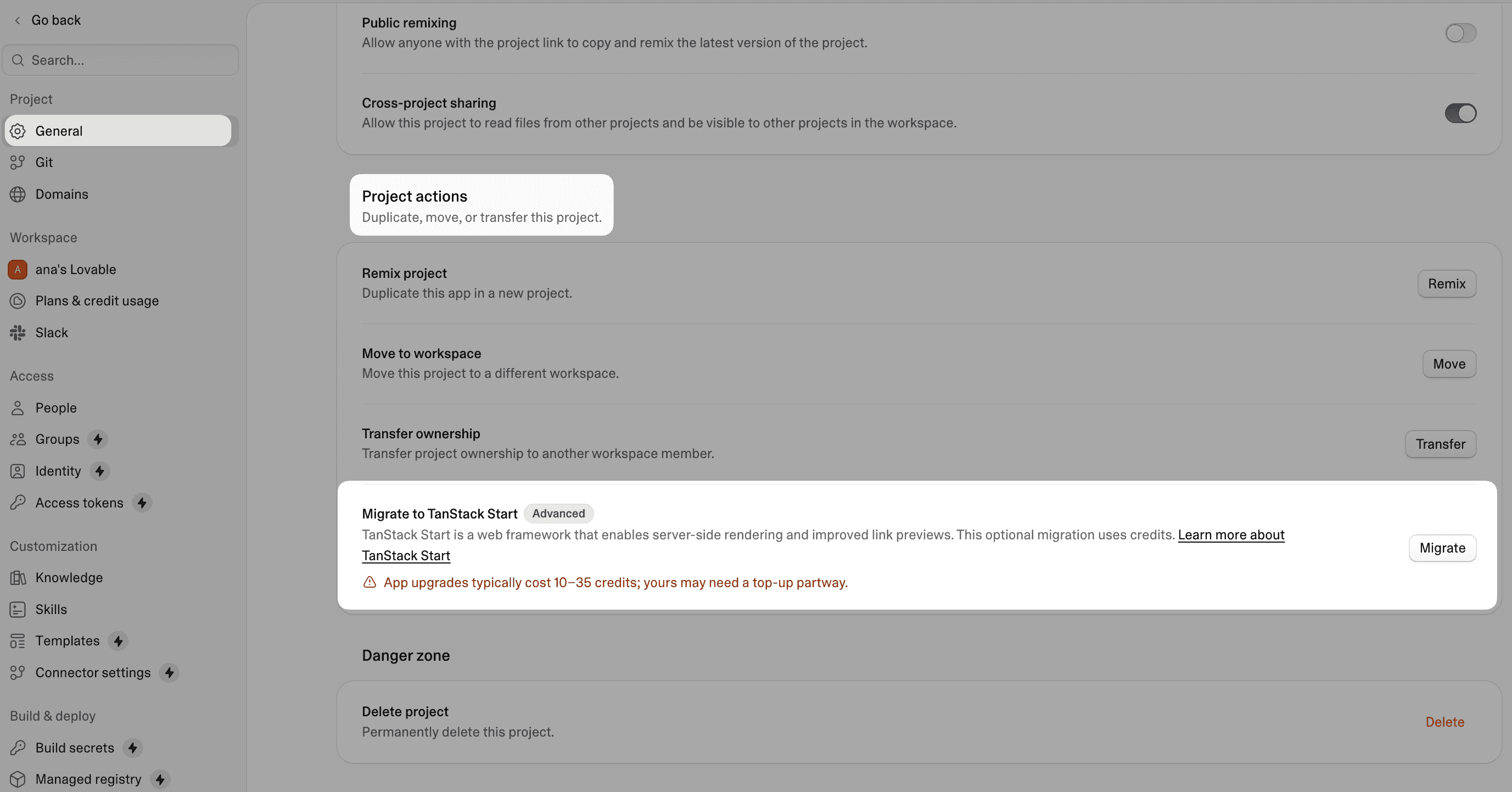 Locating the Migrate to TanStack Start option in project settings