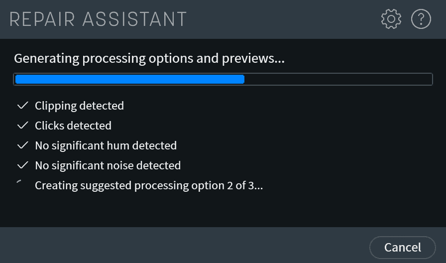 Repair Assistant window, showing it has detected clipping and clicks in my acoustic guitar track