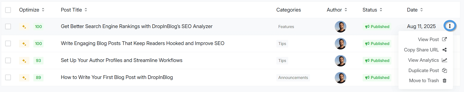 Managing posts using the kebab menu