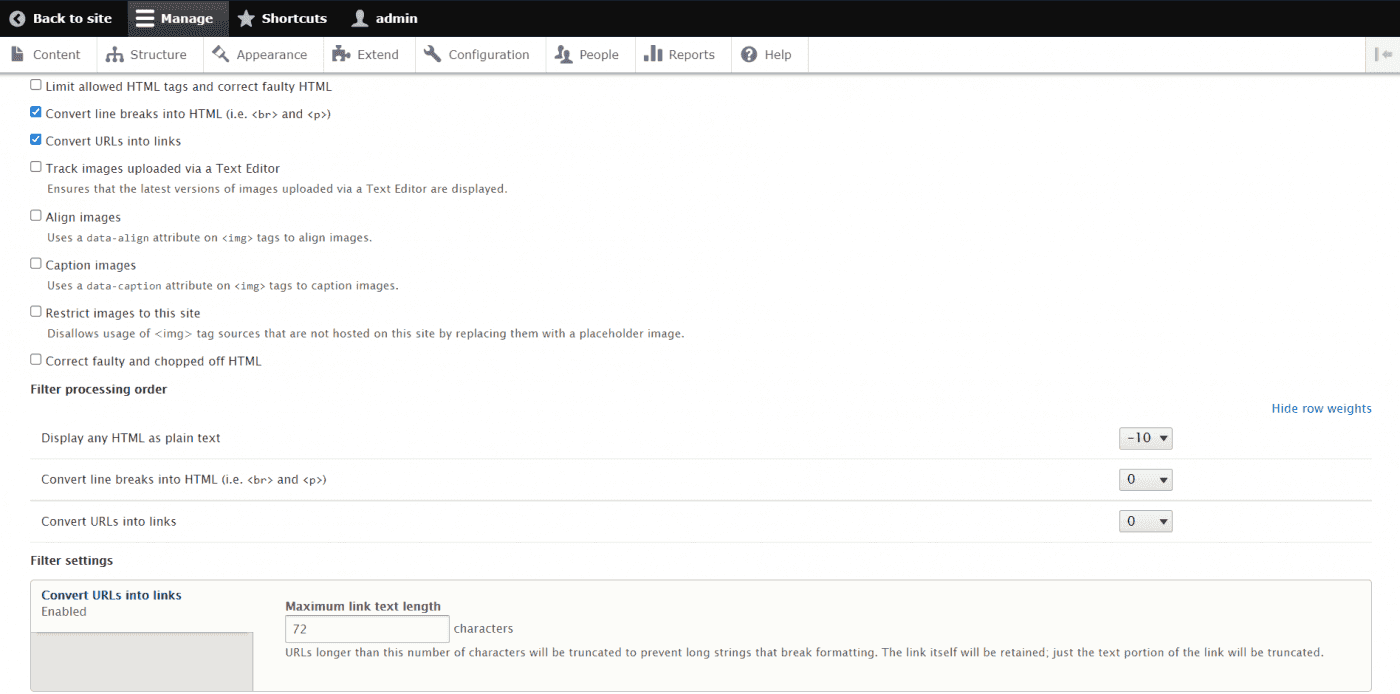 Drupal configure plain text