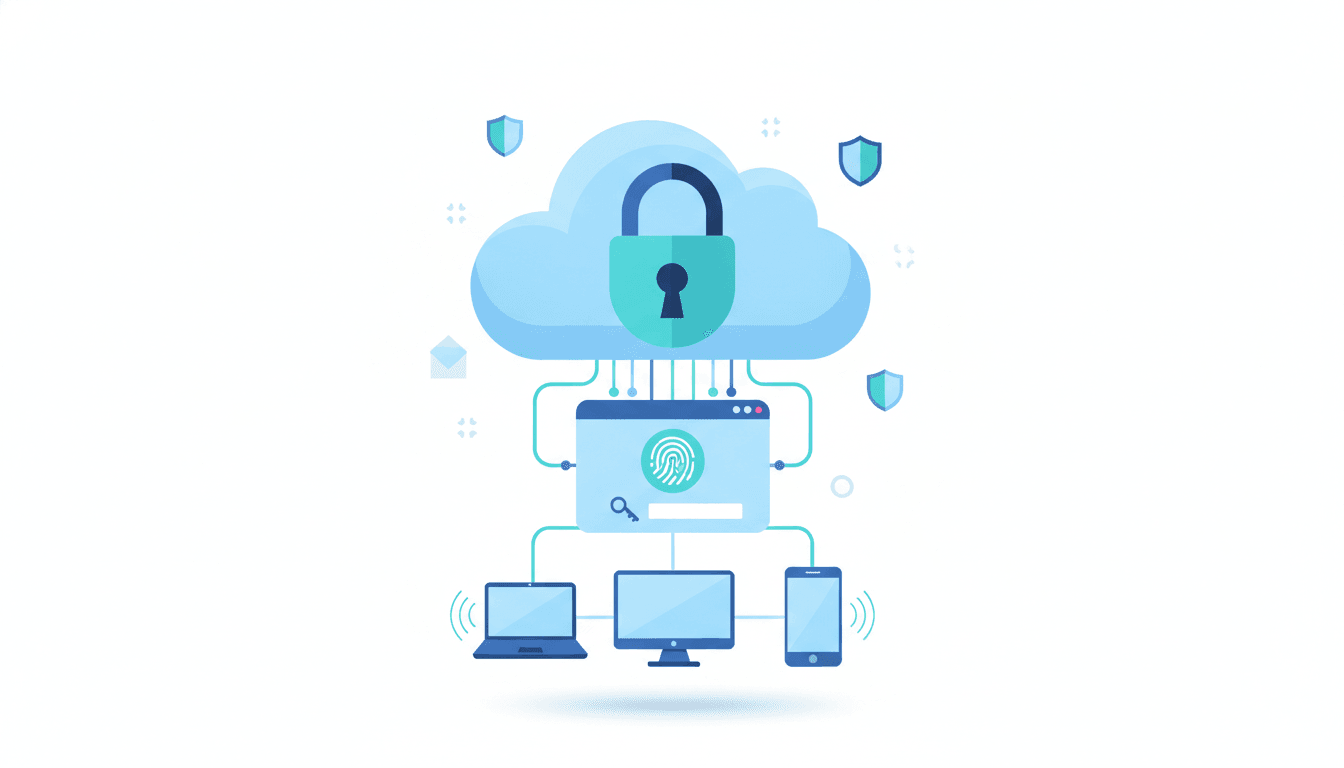 Encrypted cloud storage with secure login connected to laptop, desktop, and mobile devices