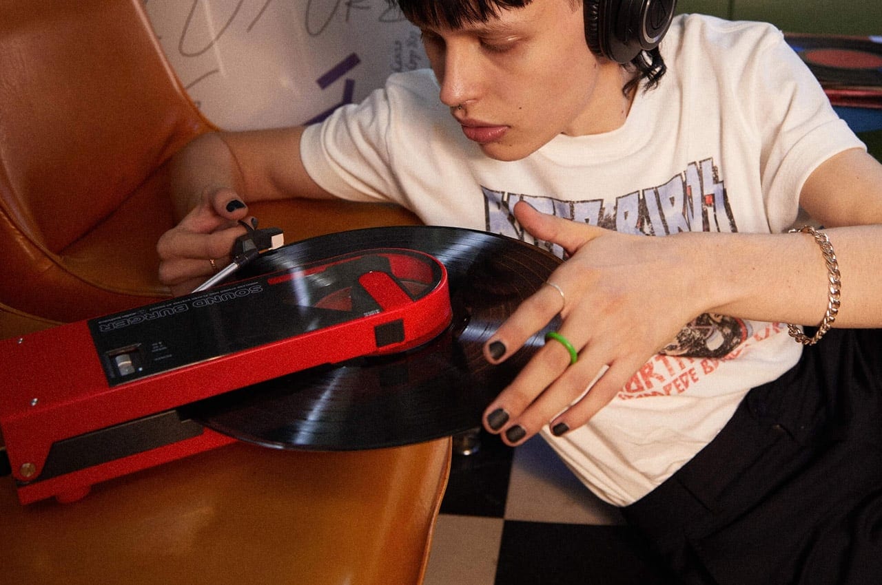 Audio-Technica Sound Burger turntable shown in its compact clamshell body