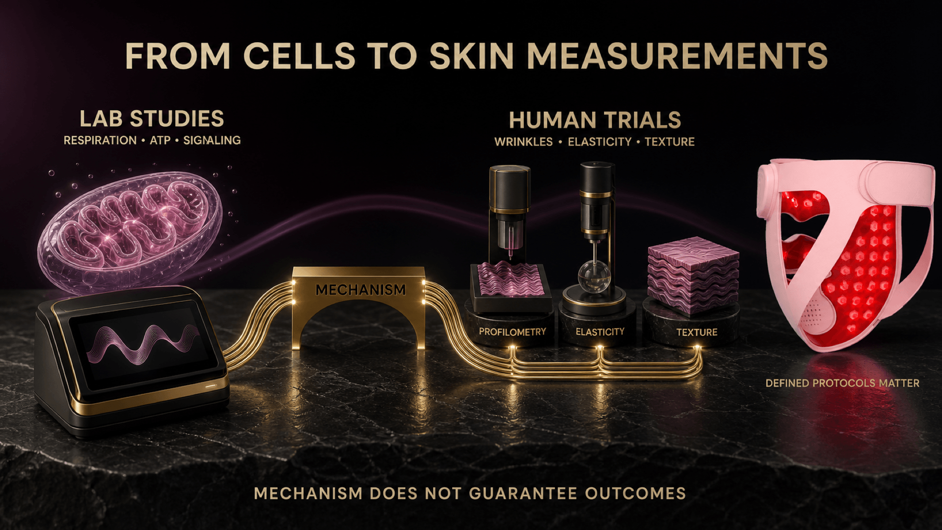 Diagram separating laboratory measurements of mitochondrial activity from human measurements of wrinkles elasticity and texture