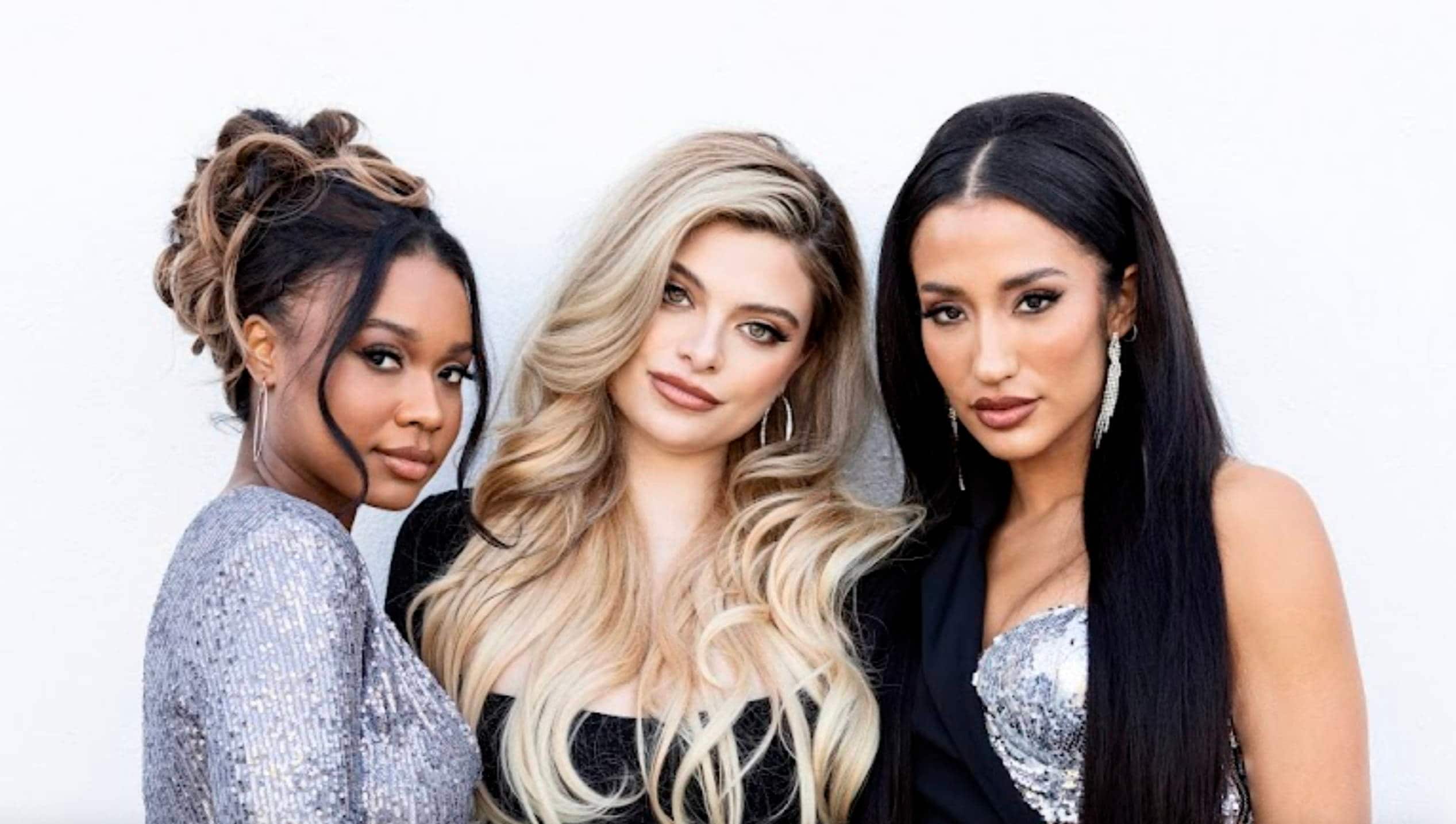 Three women with different hairstyles in glamorous outfits, showcasing hair extension looks.