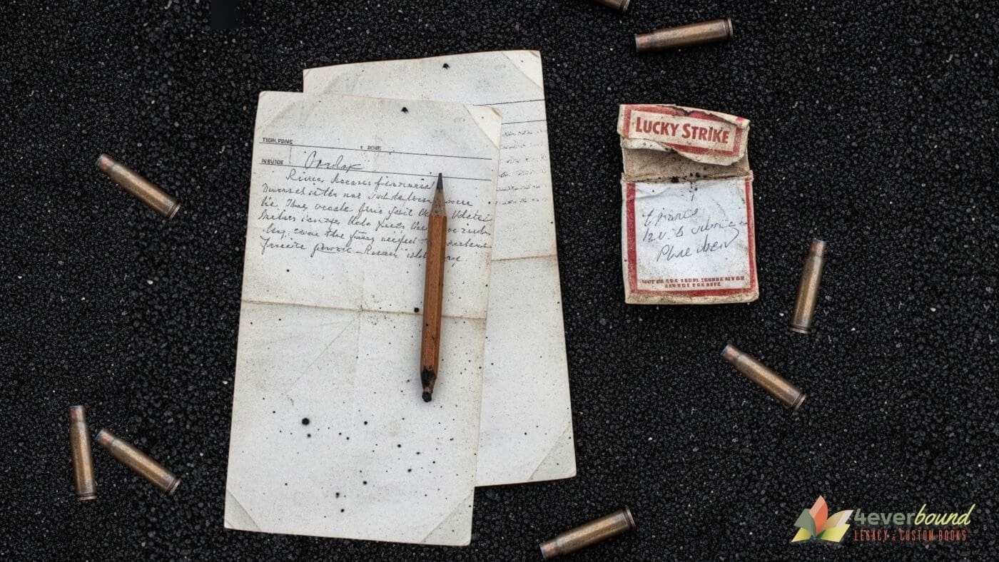 Vintage war letters writing supplies including V-mail forms and pencils on volcanic sand