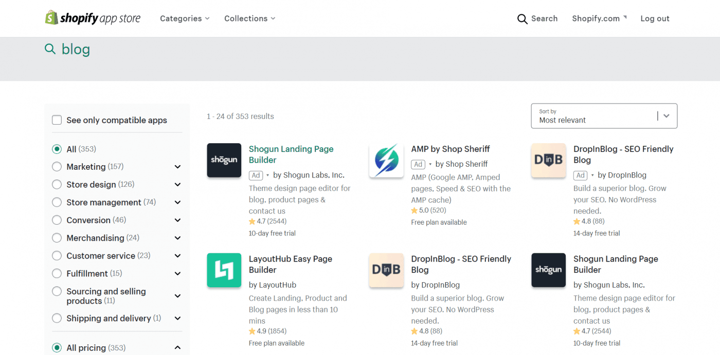 Shopify DropInBlog app store integrations