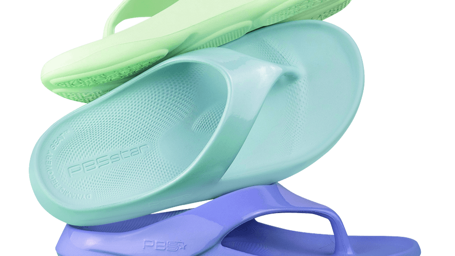 Close up shot of PB5star Après Sport Flip Flops in mint, powder blue, and lilac