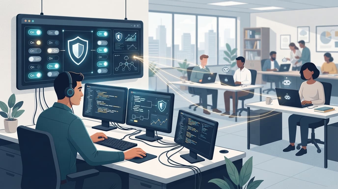 Illustration of an IT technician configuring security settings that enforce an AI policy across employee laptops