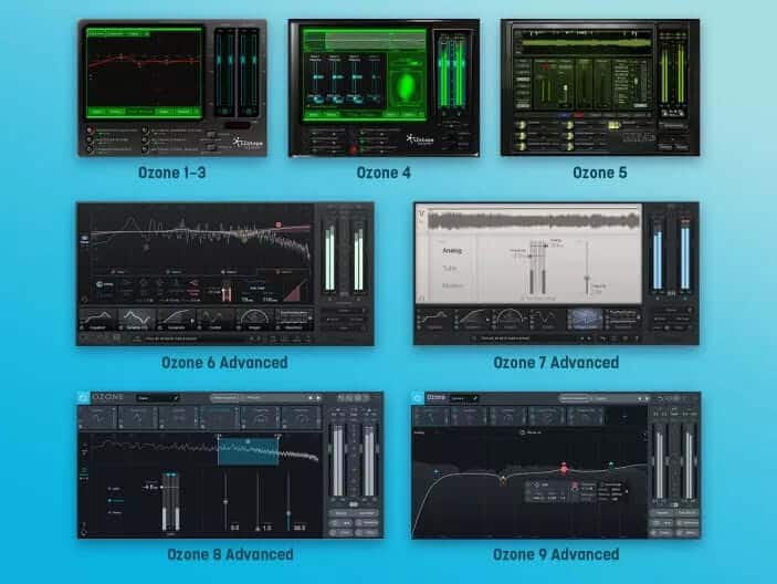 iZotope Ozone GUIs through the years - Ozone 1-3,Ozone 4, Ozone 5, Ozone 6 Advanced, Ozone 7 Advanced, Ozone 8 Advanced and Ozone 9 Advanced
