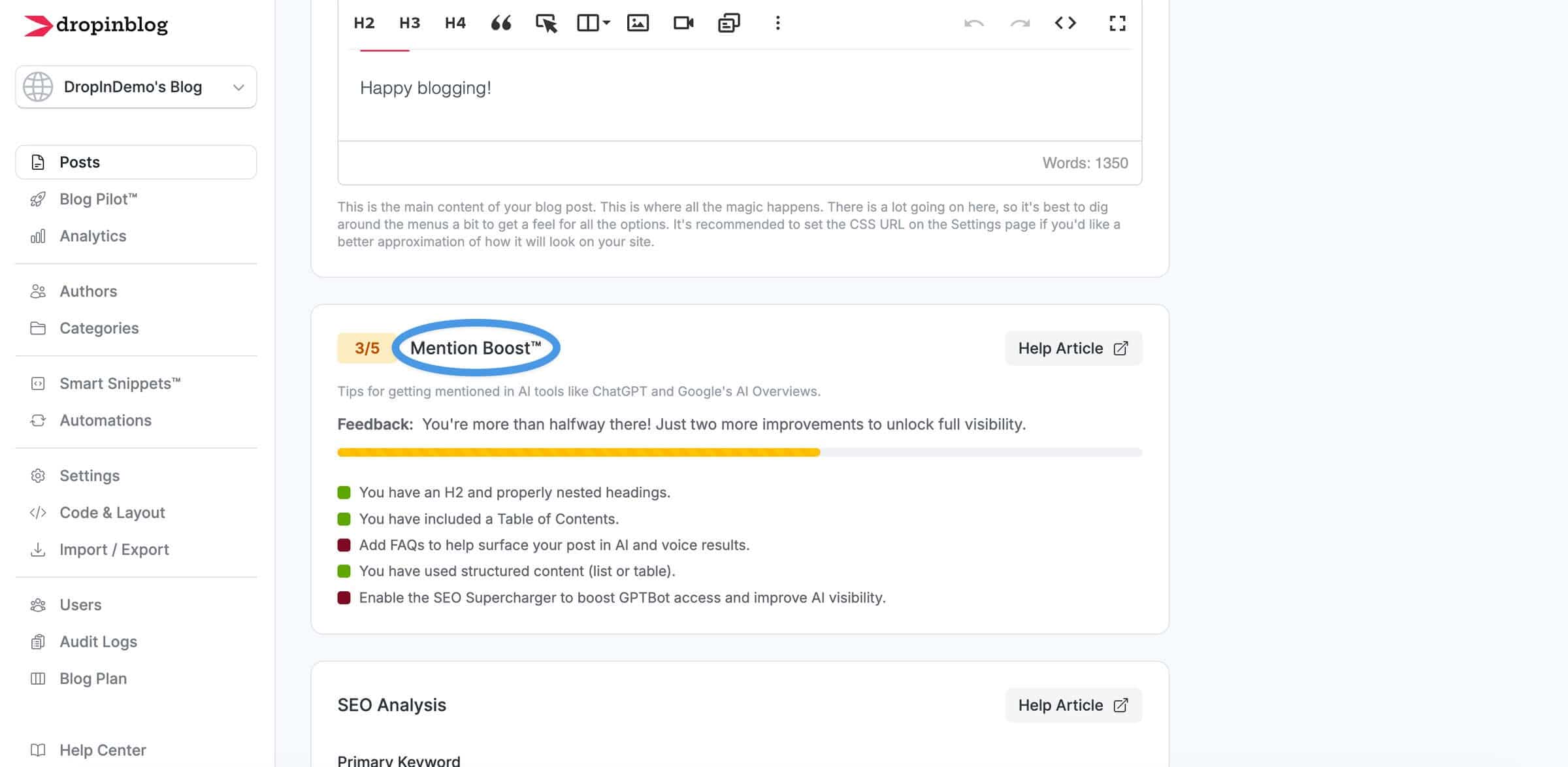 Get AI Mentions with DropInBlog's Mention Boost™