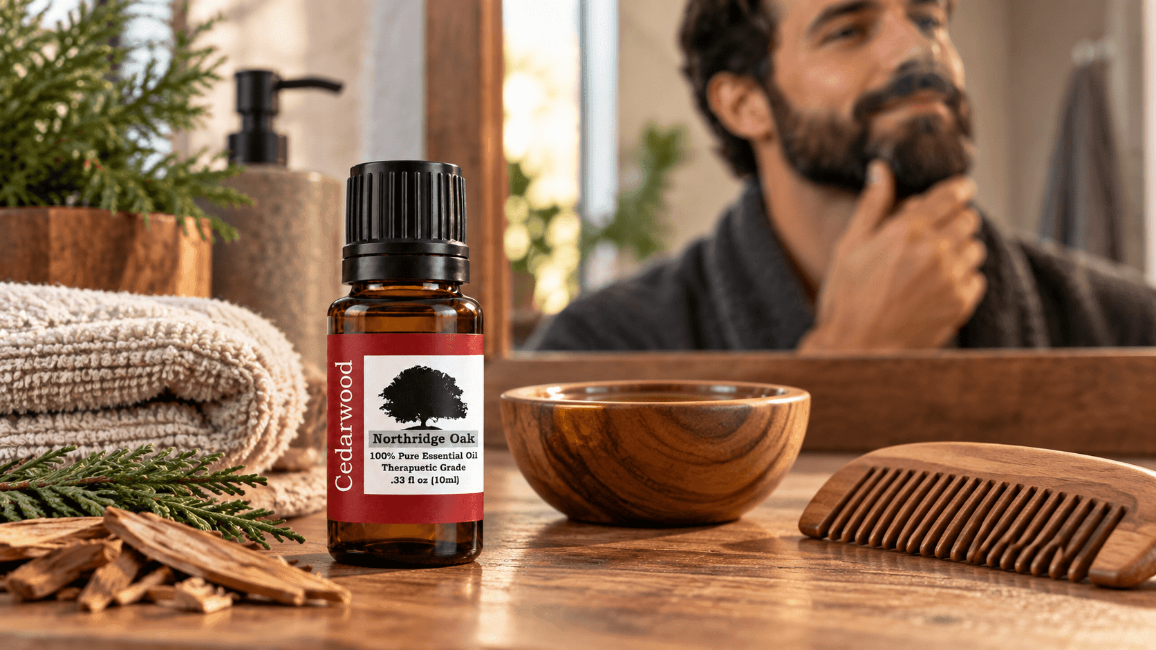 Cedarwood essential oil with a beard comb and carrier oil in a warm grooming setting