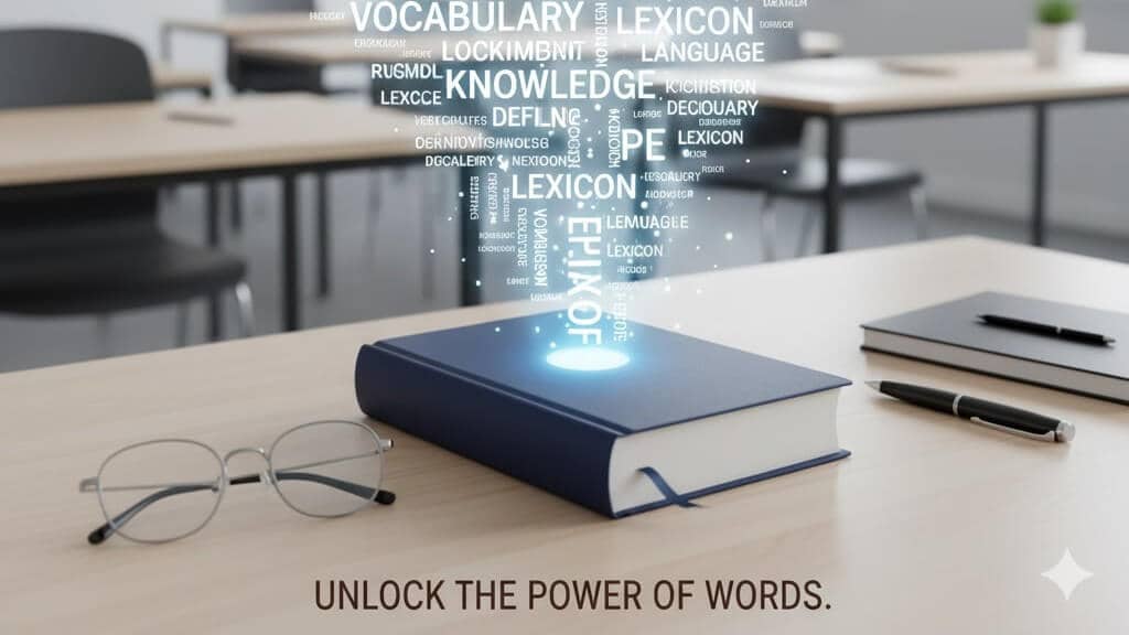 Classroom desk with dictionary, glasses, notebook, pens and words floating above