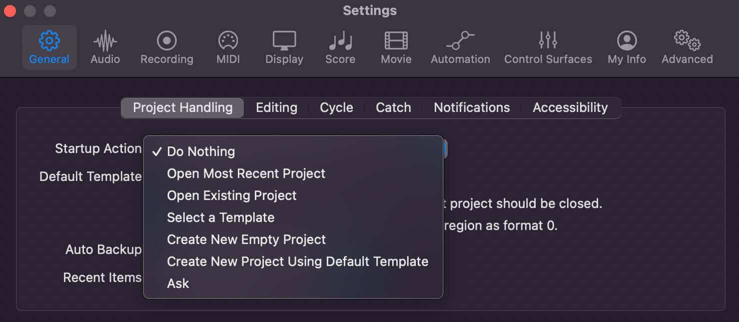 Options for opening a new session in Logic