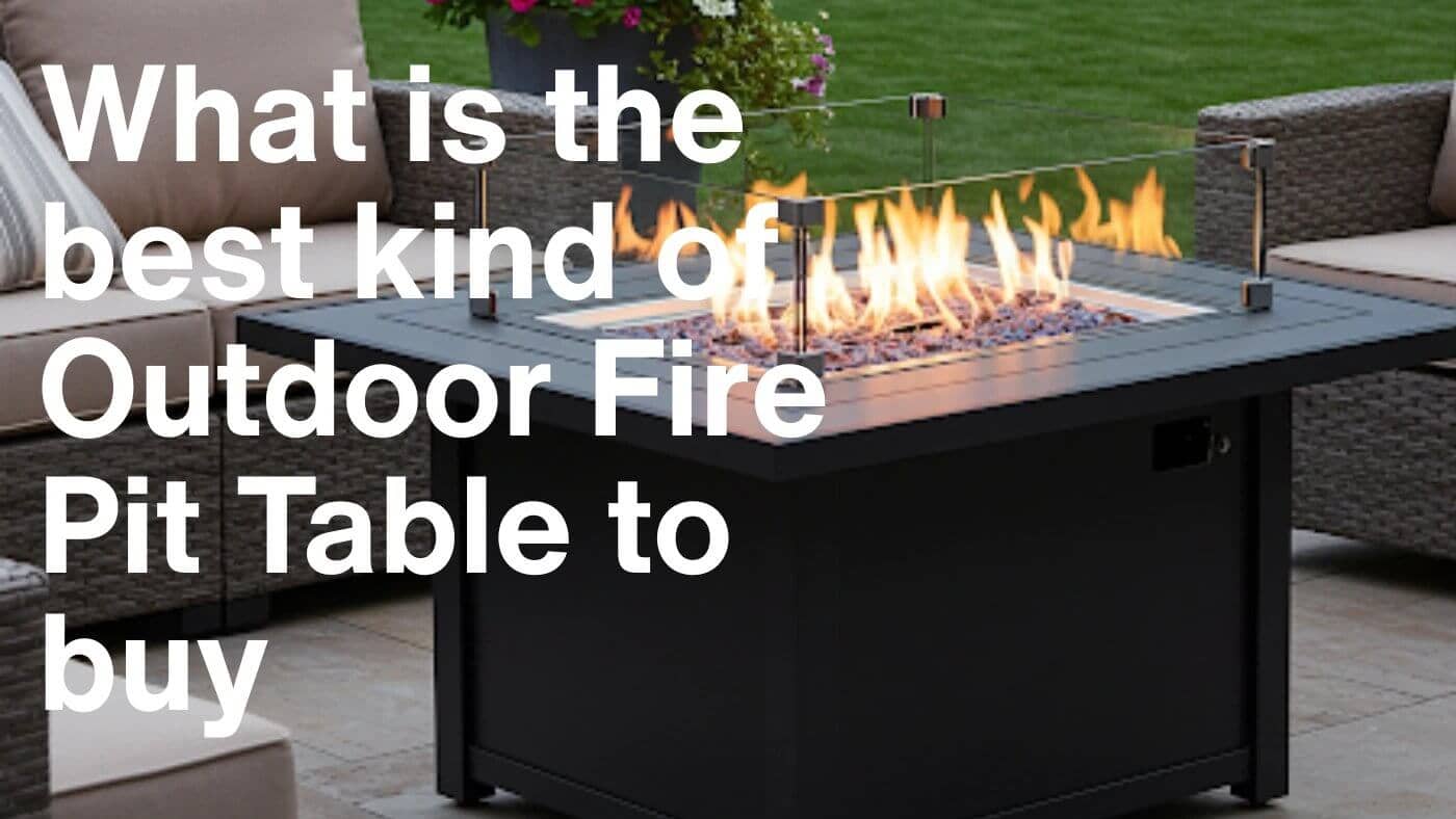 A square outdoor fire pit table with flames visible, surrounded by seating. Text overlay reads 
