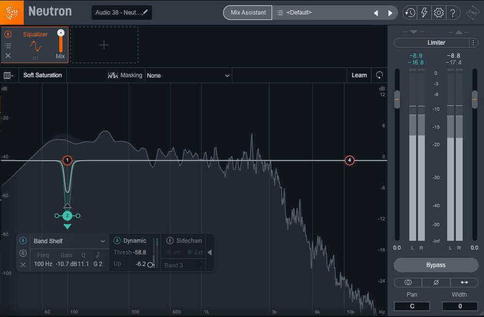 Band 1 set to attenuate a narrow frequency band centered around 100 Hz, where a particular note is a little out of control