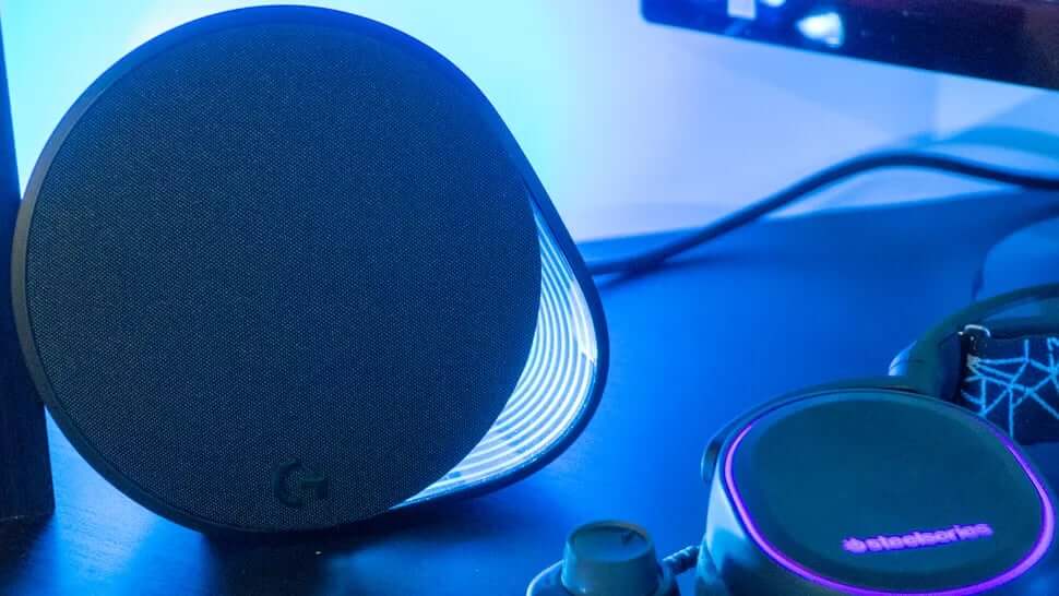 Close-up of Logitech G560 RGB lighting on speakers