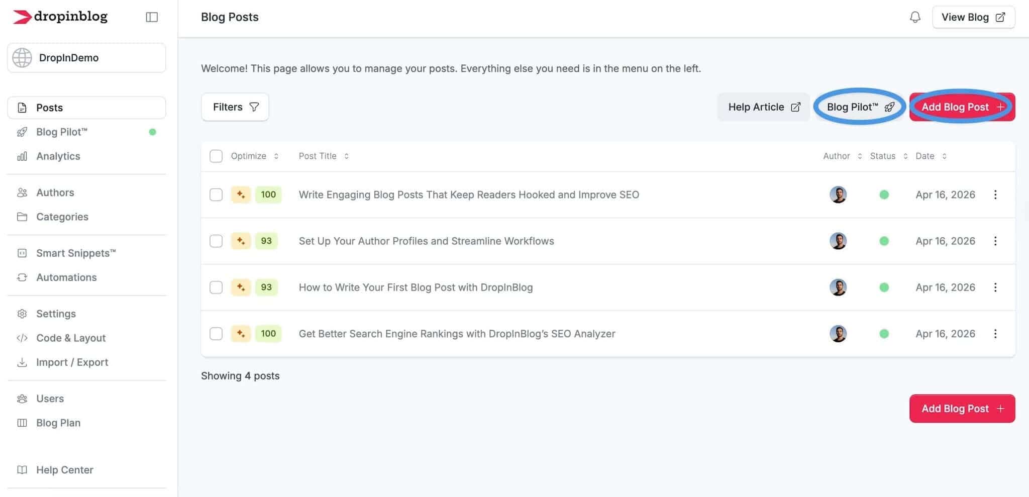 Starting a new blog post from within your DropInBlog account