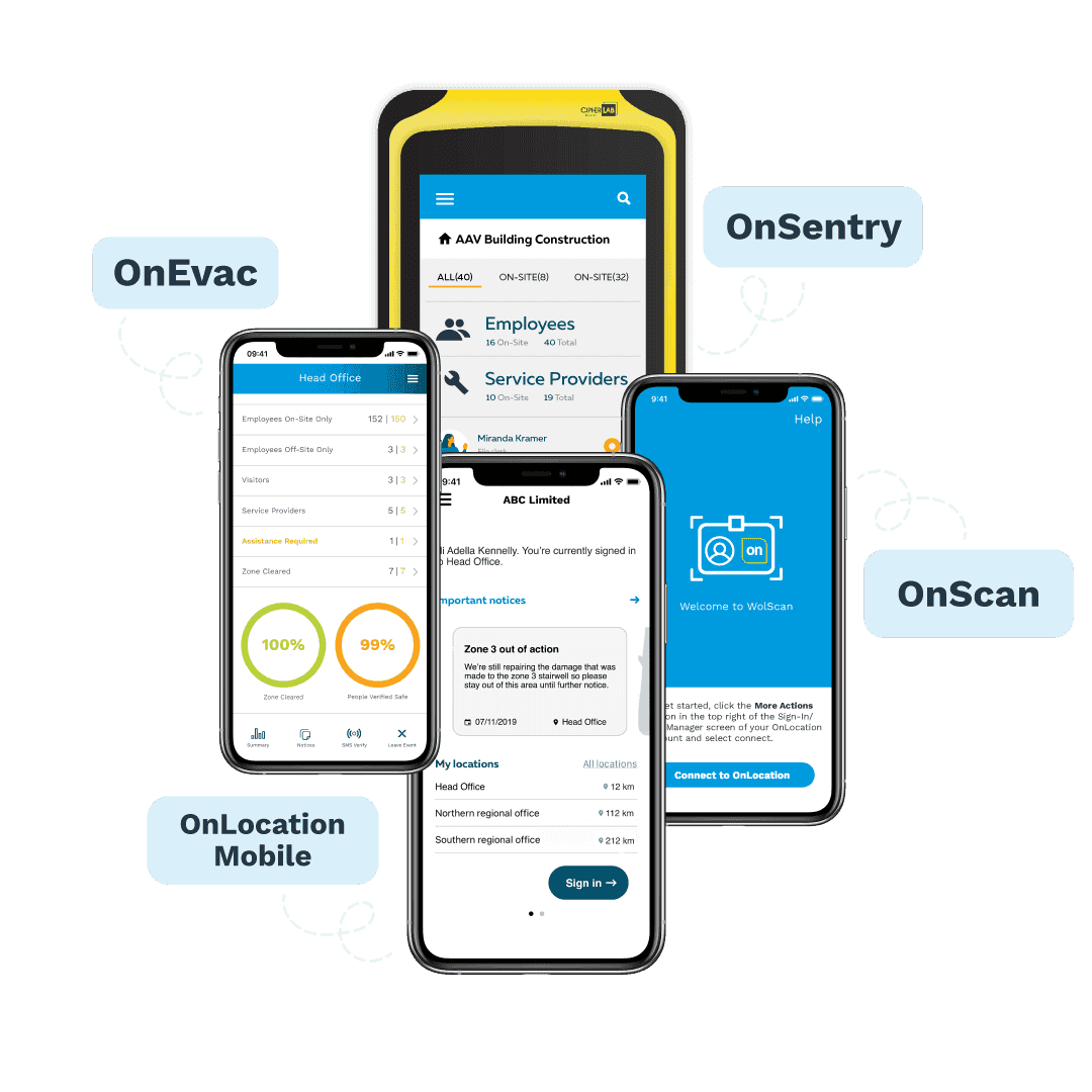 Contractor Management OnEvac, OnSentry, OnMobile, On Scan, iPhone application showing evacuation apps, sign in apps