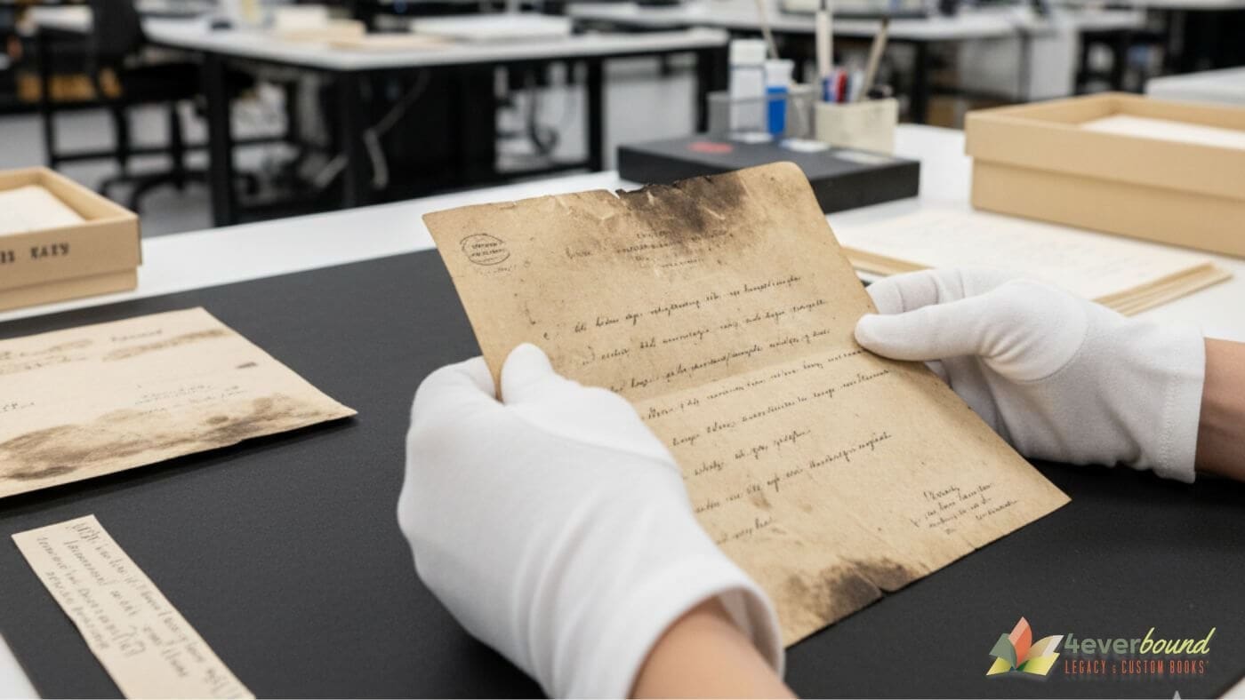 Professional conservator preserving vintage war letters with modern digital scanning equipment