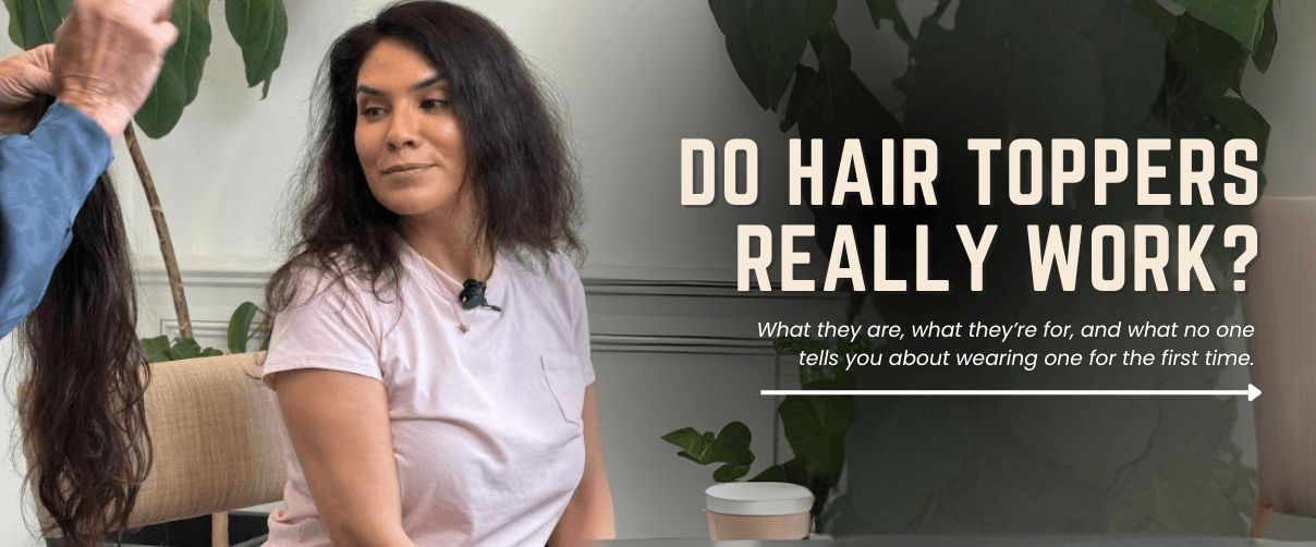Woman with thinning hair looks at a hair topper during a demo, exploring if hair toppers really work.