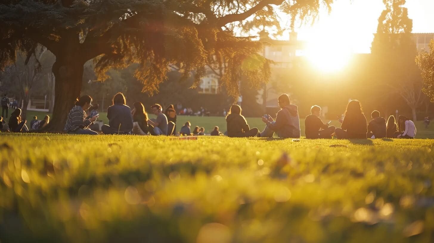 a serene college campus scene bathed in soft, golden hour light, featuring students engaging with their mental health apps on smartphones, surrounded by lush greenery and supportive peers fostering a sense of community and connection.