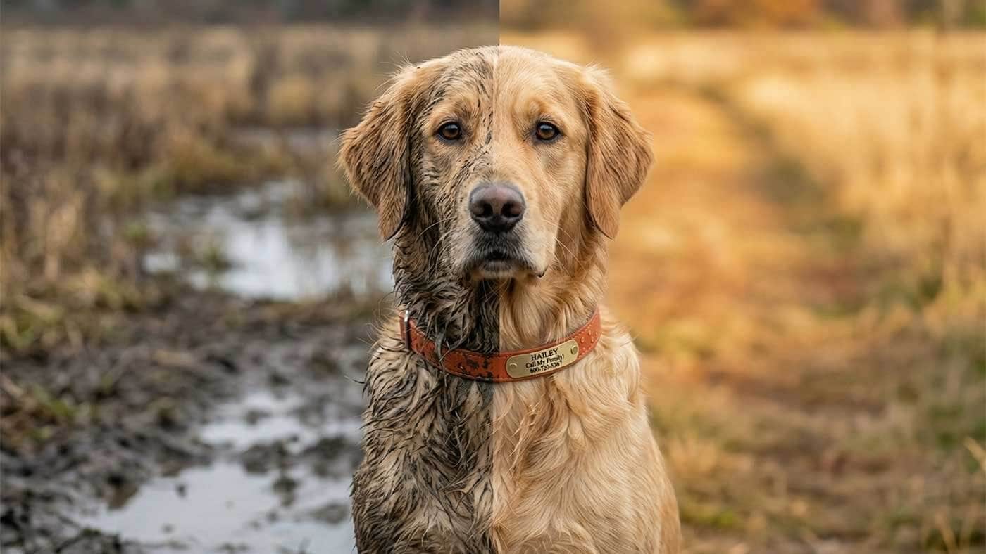 Golden Retriever wearing a waterproof orange BioThane dog collar and leash standing in a field