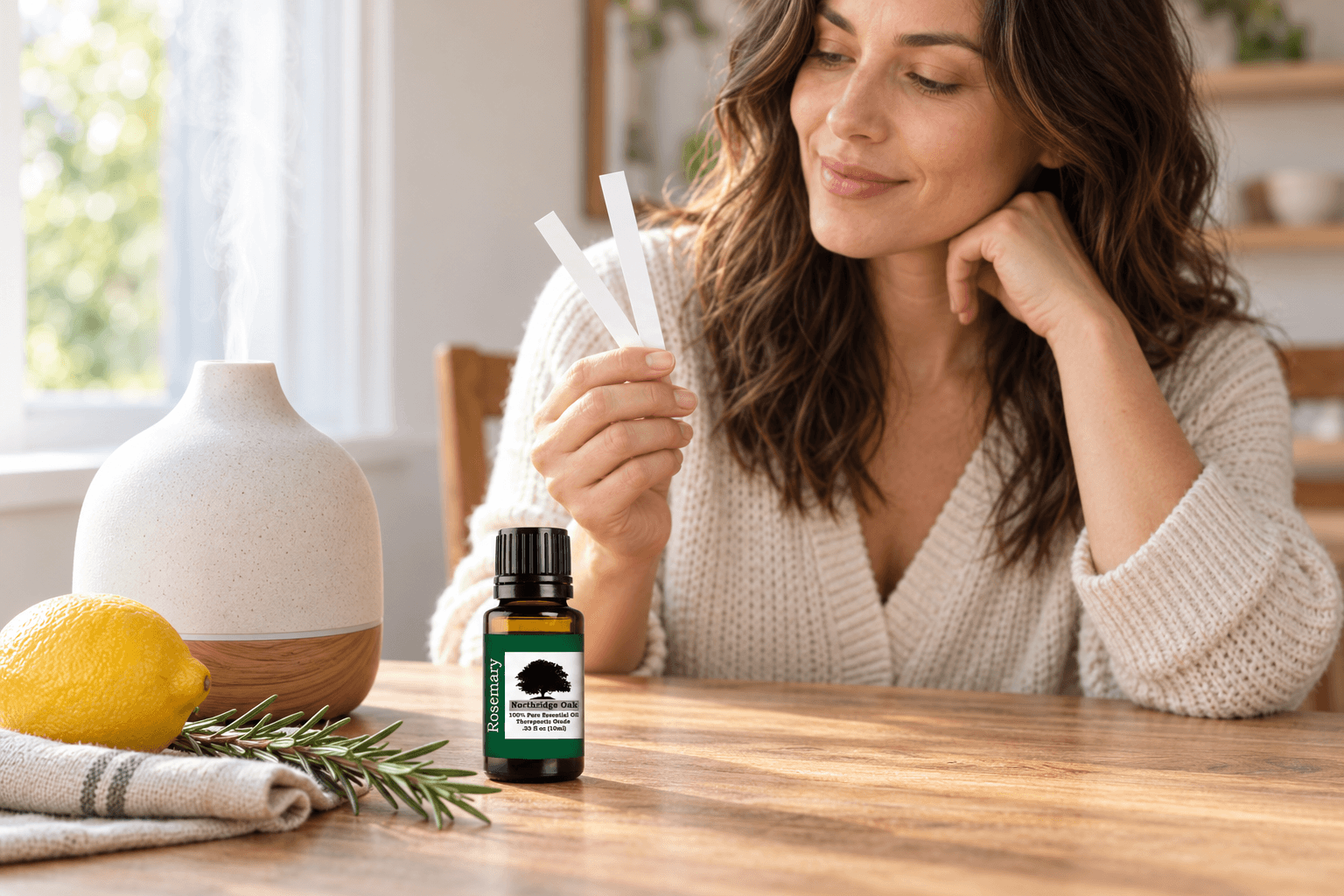 What blends well with rosemary essential oil shown in a home aroma blending session