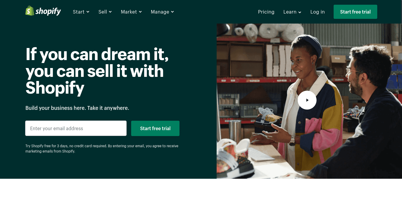 Shopify vs Squarespace: Shopify homepage