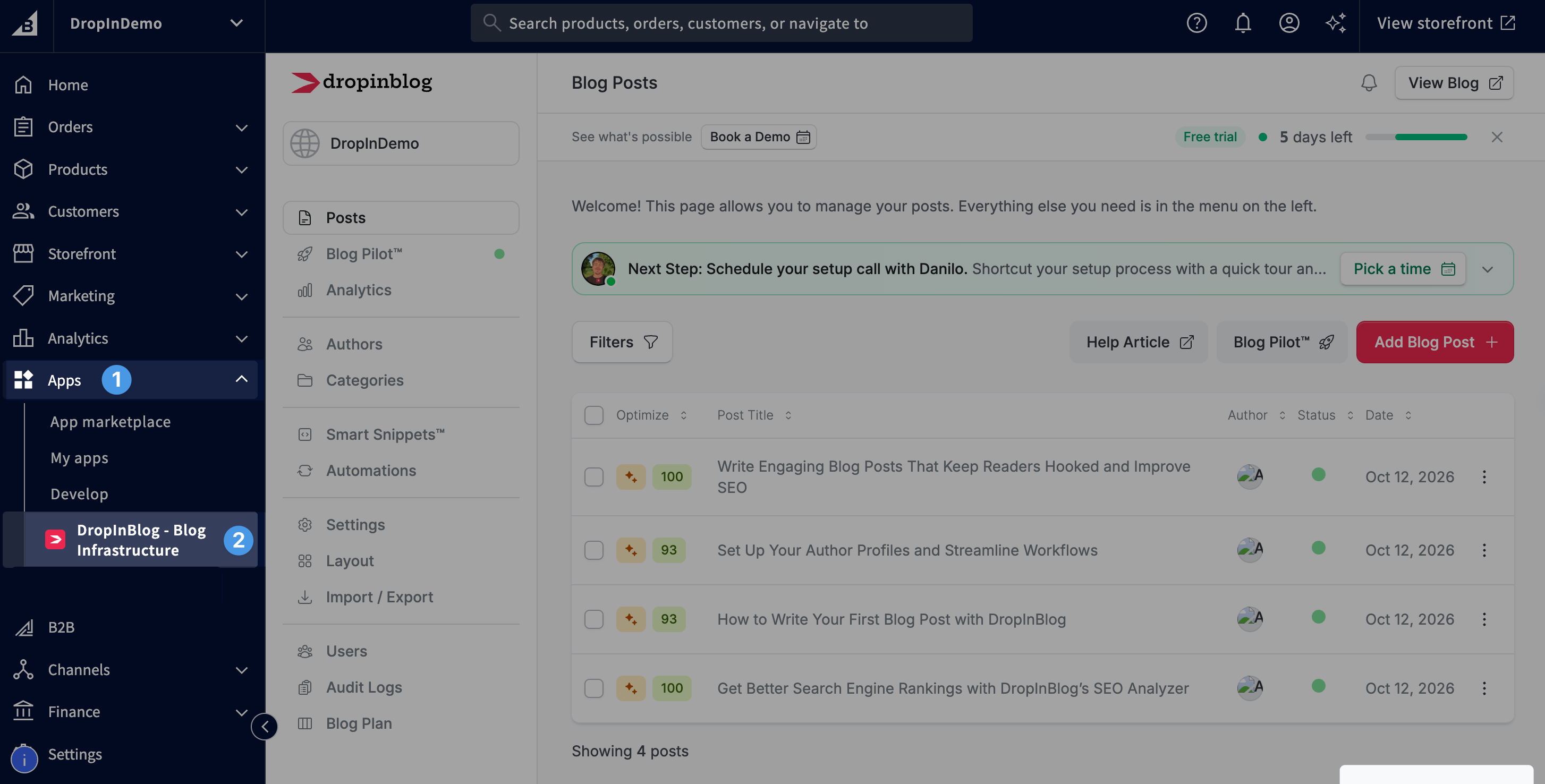 Open the DropInBlog app from your BigCommerce dashboard